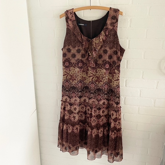 Vintage Y2K 90s midi dress Tiered Boho Burgundy Metallic Mixed print Sz 15 - Picture 1 of 15